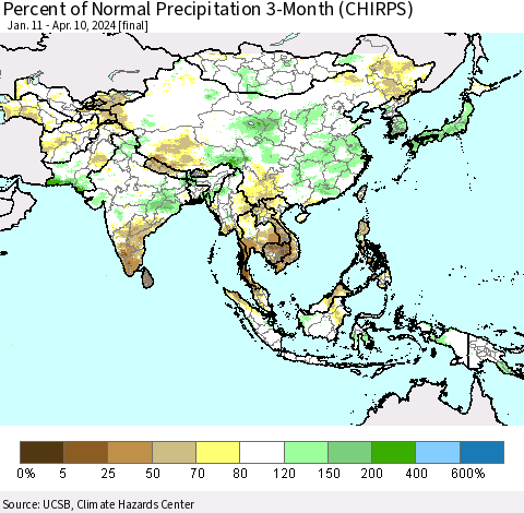 Asia Percent of Normal Precipitation 3-Month (CHIRPS) Thematic Map For 1/11/2024 - 4/10/2024