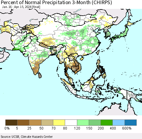 Asia Percent of Normal Precipitation 3-Month (CHIRPS) Thematic Map For 1/16/2024 - 4/15/2024