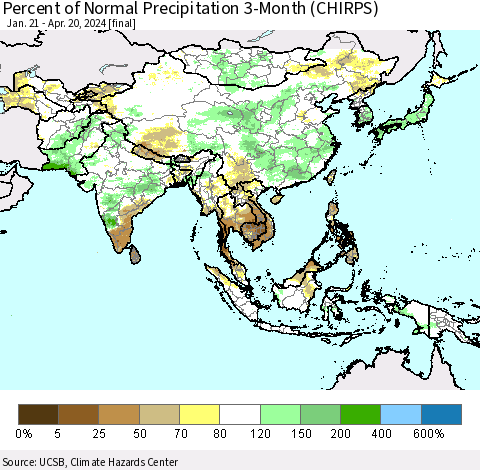 Asia Percent of Normal Precipitation 3-Month (CHIRPS) Thematic Map For 1/21/2024 - 4/20/2024
