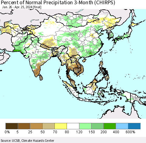 Asia Percent of Normal Precipitation 3-Month (CHIRPS) Thematic Map For 1/26/2024 - 4/25/2024