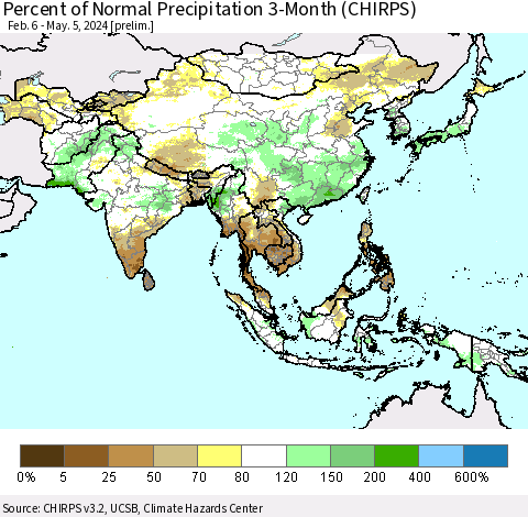 Asia Percent of Normal Precipitation 3-Month (CHIRPS) Thematic Map For 2/6/2024 - 5/5/2024