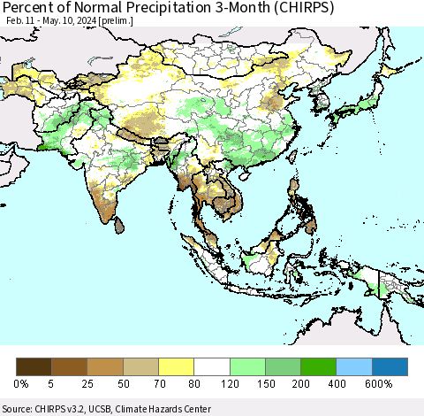 Asia Percent of Normal Precipitation 3-Month (CHIRPS) Thematic Map For 2/11/2024 - 5/10/2024