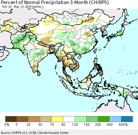 Asia Percent of Normal Precipitation 3-Month (CHIRPS) Thematic Map For 2/16/2024 - 5/15/2024