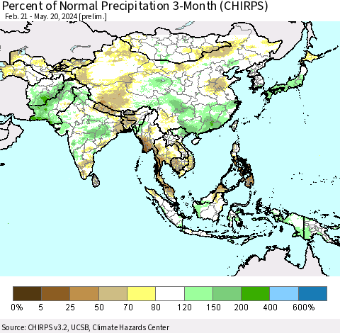 Asia Percent of Normal Precipitation 3-Month (CHIRPS) Thematic Map For 2/21/2024 - 5/20/2024