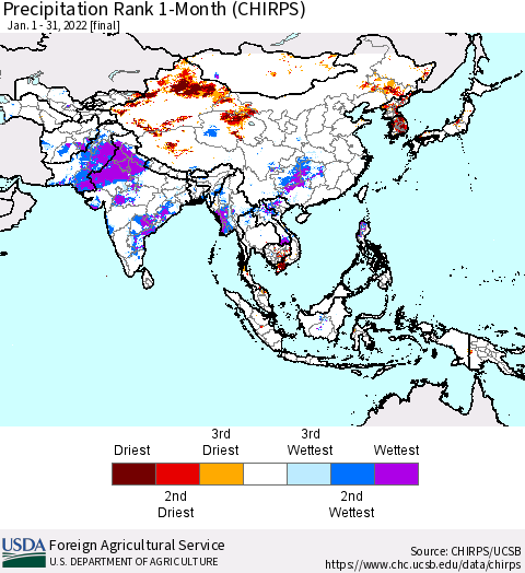 Asia Precipitation Rank since 1981, 1-Month (CHIRPS) Thematic Map For 1/1/2022 - 1/31/2022