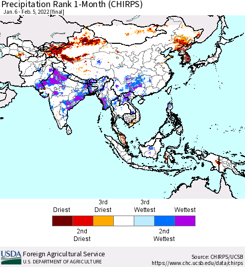 Asia Precipitation Rank since 1981, 1-Month (CHIRPS) Thematic Map For 1/6/2022 - 2/5/2022