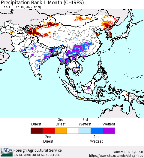 Asia Precipitation Rank since 1981, 1-Month (CHIRPS) Thematic Map For 1/11/2022 - 2/10/2022