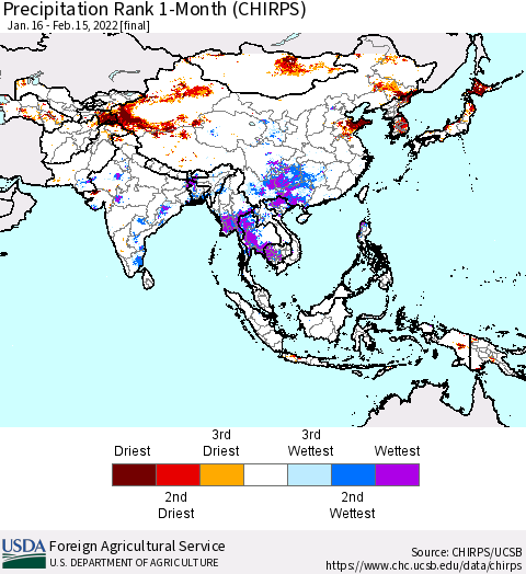 Asia Precipitation Rank since 1981, 1-Month (CHIRPS) Thematic Map For 1/16/2022 - 2/15/2022
