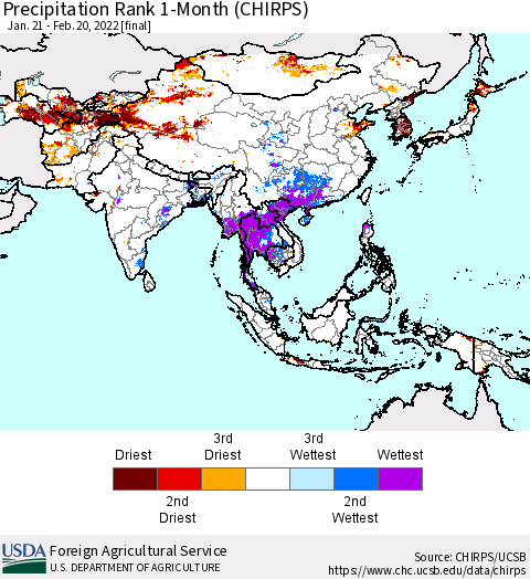 Asia Precipitation Rank since 1981, 1-Month (CHIRPS) Thematic Map For 1/21/2022 - 2/20/2022