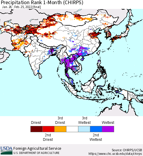 Asia Precipitation Rank since 1981, 1-Month (CHIRPS) Thematic Map For 1/26/2022 - 2/25/2022