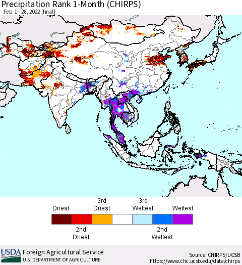 Asia Precipitation Rank since 1981, 1-Month (CHIRPS) Thematic Map For 2/1/2022 - 2/28/2022
