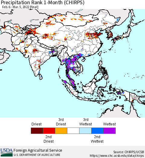 Asia Precipitation Rank since 1981, 1-Month (CHIRPS) Thematic Map For 2/6/2022 - 3/5/2022
