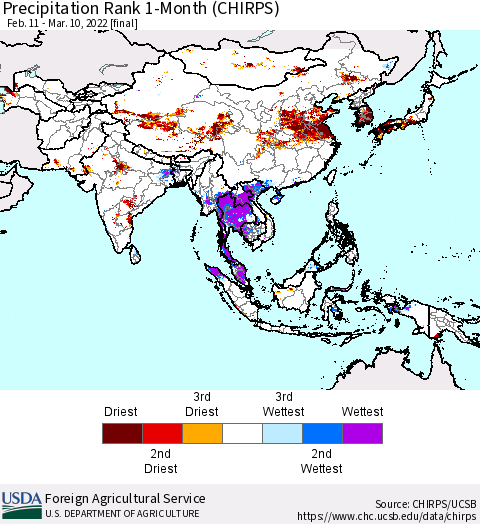 Asia Precipitation Rank since 1981, 1-Month (CHIRPS) Thematic Map For 2/11/2022 - 3/10/2022