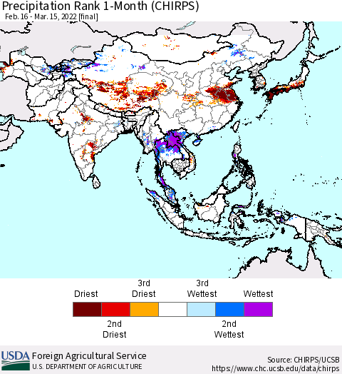 Asia Precipitation Rank since 1981, 1-Month (CHIRPS) Thematic Map For 2/16/2022 - 3/15/2022