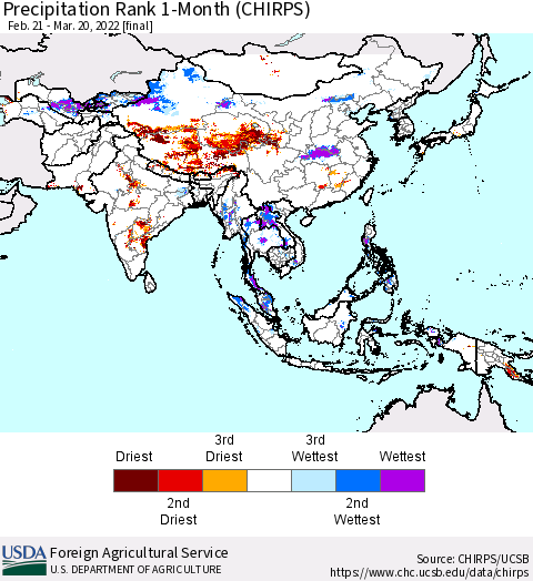 Asia Precipitation Rank since 1981, 1-Month (CHIRPS) Thematic Map For 2/21/2022 - 3/20/2022
