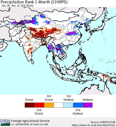 Asia Precipitation Rank since 1981, 1-Month (CHIRPS) Thematic Map For 2/26/2022 - 3/25/2022