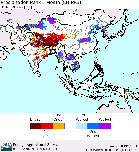 Asia Precipitation Rank since 1981, 1-Month (CHIRPS) Thematic Map For 3/1/2022 - 3/31/2022