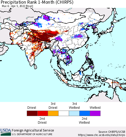 Asia Precipitation Rank since 1981, 1-Month (CHIRPS) Thematic Map For 3/6/2022 - 4/5/2022