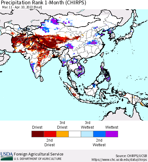 Asia Precipitation Rank since 1981, 1-Month (CHIRPS) Thematic Map For 3/11/2022 - 4/10/2022