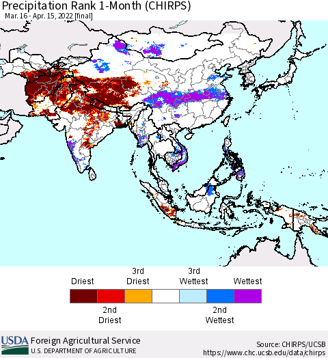 Asia Precipitation Rank since 1981, 1-Month (CHIRPS) Thematic Map For 3/16/2022 - 4/15/2022