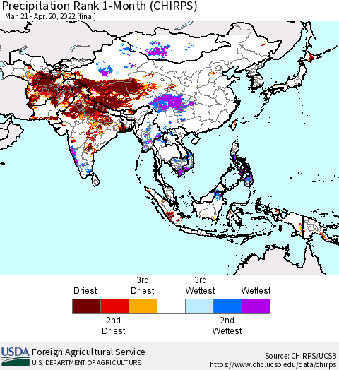 Asia Precipitation Rank since 1981, 1-Month (CHIRPS) Thematic Map For 3/21/2022 - 4/20/2022
