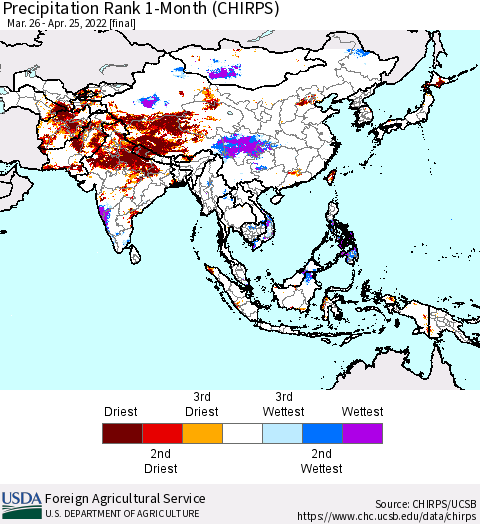 Asia Precipitation Rank since 1981, 1-Month (CHIRPS) Thematic Map For 3/26/2022 - 4/25/2022