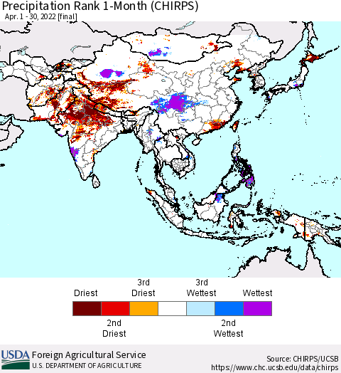 Asia Precipitation Rank since 1981, 1-Month (CHIRPS) Thematic Map For 4/1/2022 - 4/30/2022