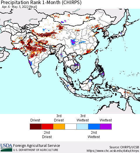 Asia Precipitation Rank since 1981, 1-Month (CHIRPS) Thematic Map For 4/6/2022 - 5/5/2022