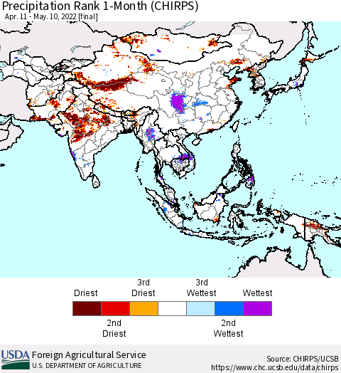 Asia Precipitation Rank since 1981, 1-Month (CHIRPS) Thematic Map For 4/11/2022 - 5/10/2022