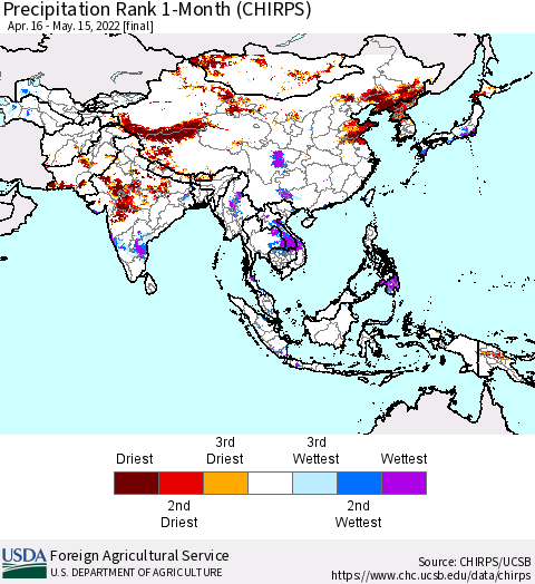 Asia Precipitation Rank since 1981, 1-Month (CHIRPS) Thematic Map For 4/16/2022 - 5/15/2022