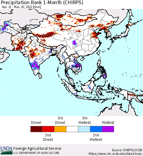 Asia Precipitation Rank since 1981, 1-Month (CHIRPS) Thematic Map For 4/21/2022 - 5/20/2022