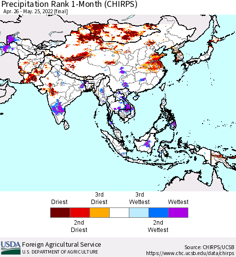 Asia Precipitation Rank since 1981, 1-Month (CHIRPS) Thematic Map For 4/26/2022 - 5/25/2022