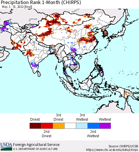 Asia Precipitation Rank since 1981, 1-Month (CHIRPS) Thematic Map For 5/1/2022 - 5/31/2022