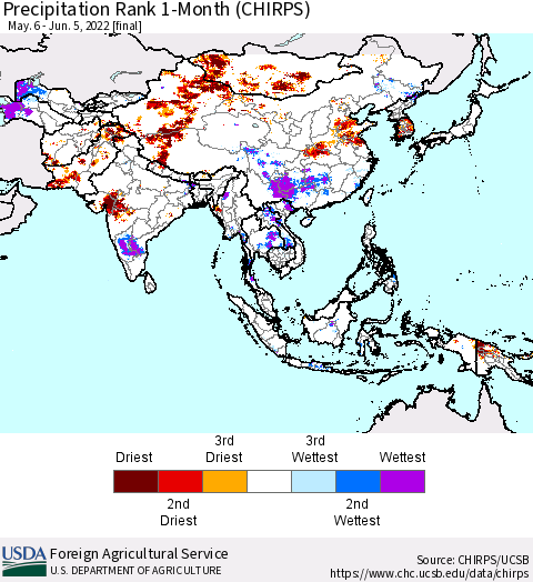 Asia Precipitation Rank since 1981, 1-Month (CHIRPS) Thematic Map For 5/6/2022 - 6/5/2022