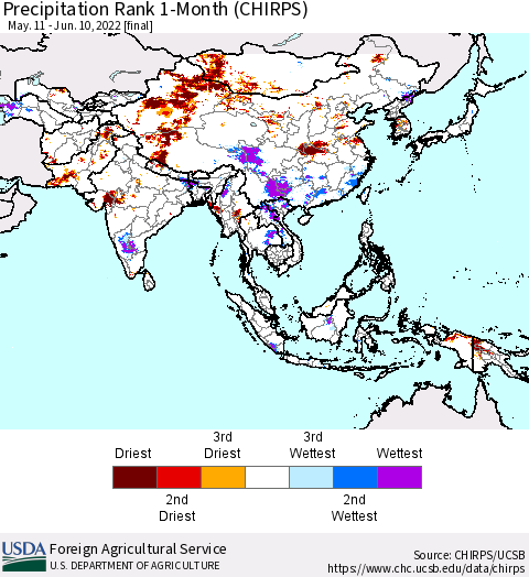 Asia Precipitation Rank since 1981, 1-Month (CHIRPS) Thematic Map For 5/11/2022 - 6/10/2022