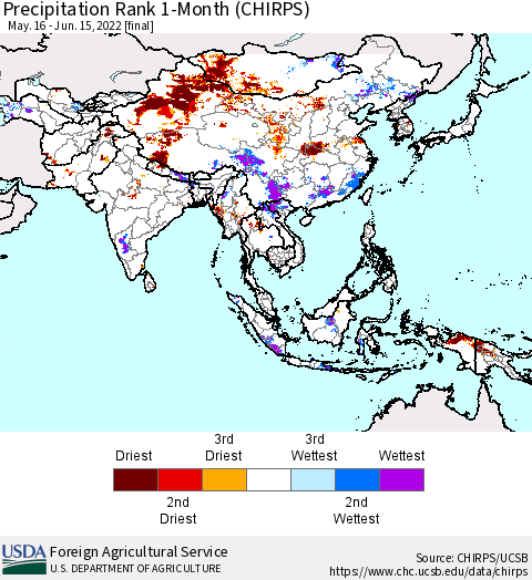 Asia Precipitation Rank since 1981, 1-Month (CHIRPS) Thematic Map For 5/16/2022 - 6/15/2022