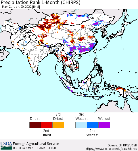Asia Precipitation Rank since 1981, 1-Month (CHIRPS) Thematic Map For 5/21/2022 - 6/20/2022