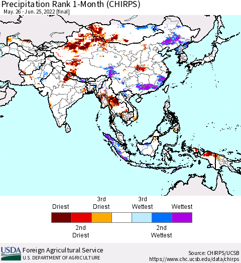 Asia Precipitation Rank since 1981, 1-Month (CHIRPS) Thematic Map For 5/26/2022 - 6/25/2022