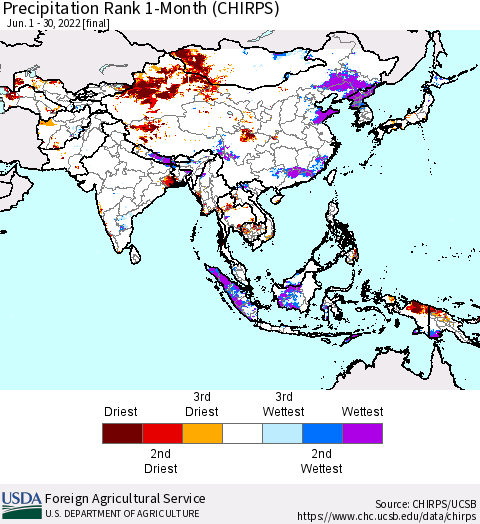 Asia Precipitation Rank since 1981, 1-Month (CHIRPS) Thematic Map For 6/1/2022 - 6/30/2022
