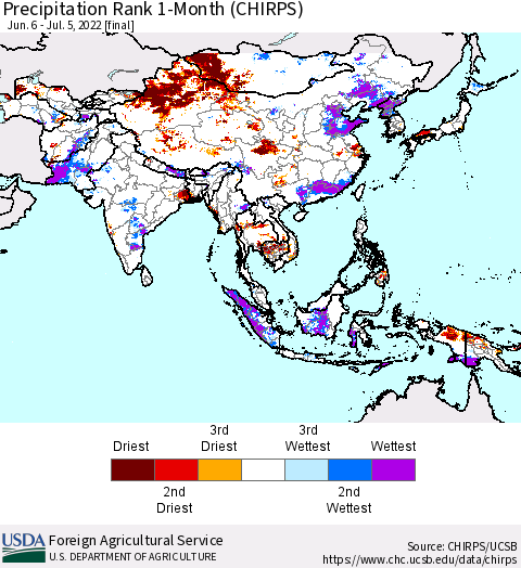 Asia Precipitation Rank since 1981, 1-Month (CHIRPS) Thematic Map For 6/6/2022 - 7/5/2022