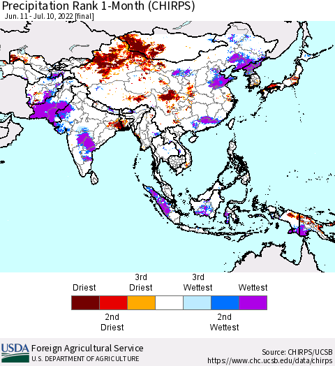 Asia Precipitation Rank since 1981, 1-Month (CHIRPS) Thematic Map For 6/11/2022 - 7/10/2022