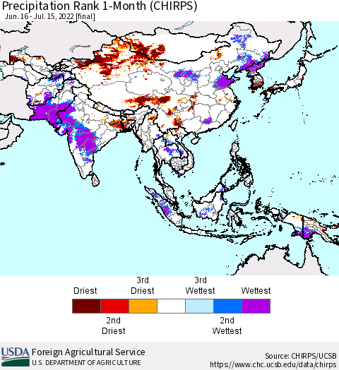 Asia Precipitation Rank since 1981, 1-Month (CHIRPS) Thematic Map For 6/16/2022 - 7/15/2022