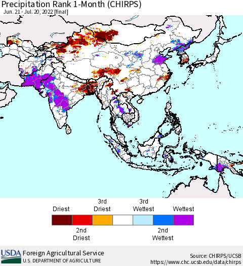 Asia Precipitation Rank since 1981, 1-Month (CHIRPS) Thematic Map For 6/21/2022 - 7/20/2022