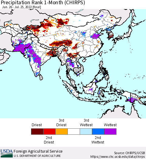 Asia Precipitation Rank since 1981, 1-Month (CHIRPS) Thematic Map For 6/26/2022 - 7/25/2022