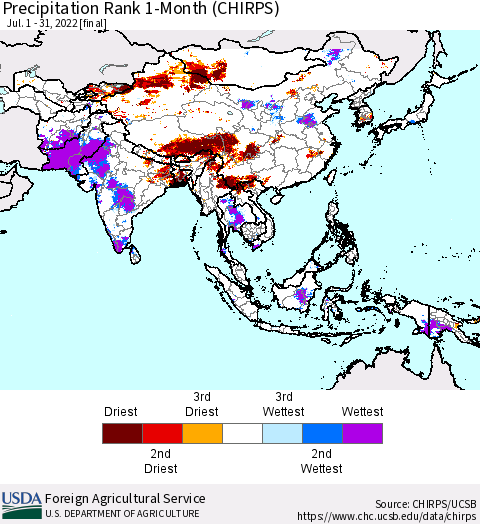 Asia Precipitation Rank since 1981, 1-Month (CHIRPS) Thematic Map For 7/1/2022 - 7/31/2022