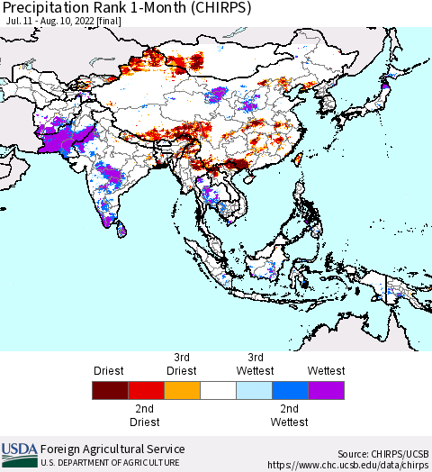 Asia Precipitation Rank since 1981, 1-Month (CHIRPS) Thematic Map For 7/11/2022 - 8/10/2022