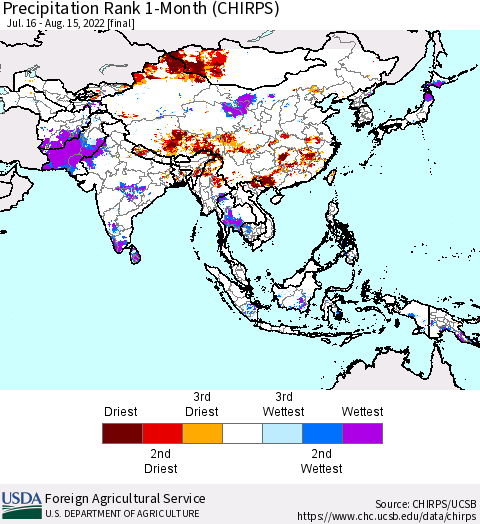 Asia Precipitation Rank since 1981, 1-Month (CHIRPS) Thematic Map For 7/16/2022 - 8/15/2022
