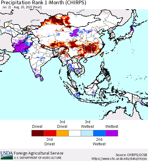 Asia Precipitation Rank since 1981, 1-Month (CHIRPS) Thematic Map For 7/21/2022 - 8/20/2022