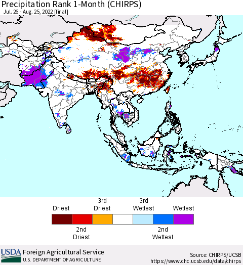 Asia Precipitation Rank since 1981, 1-Month (CHIRPS) Thematic Map For 7/26/2022 - 8/25/2022