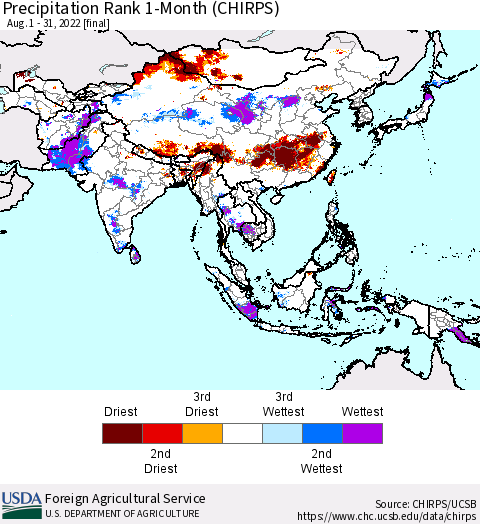 Asia Precipitation Rank since 1981, 1-Month (CHIRPS) Thematic Map For 8/1/2022 - 8/31/2022